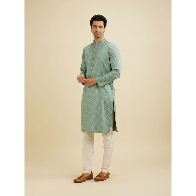 Manyavar Aqua Cotton Self Design Kurta with Pyjama (Set of 2) (M)