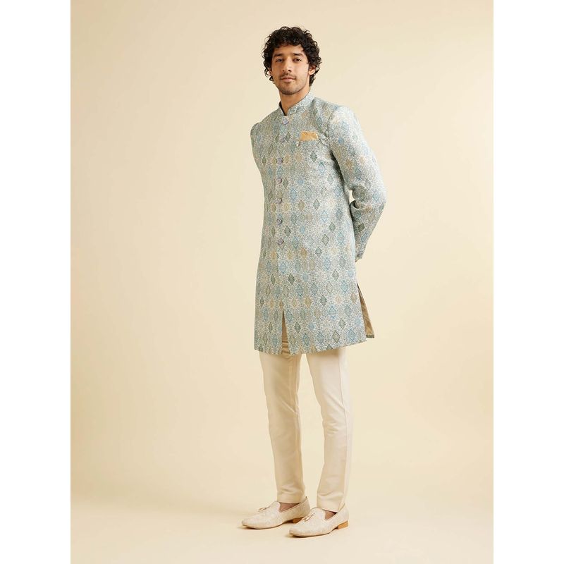 Manyavar Blue Brocade Printed Kurta with Trouser & Pocket Square and Brooch (Set of 4) (S)