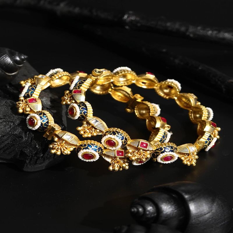 Priyaasi Ruby Beads Kundan Ghungroo Gold Plated Bangle Set (2.8)