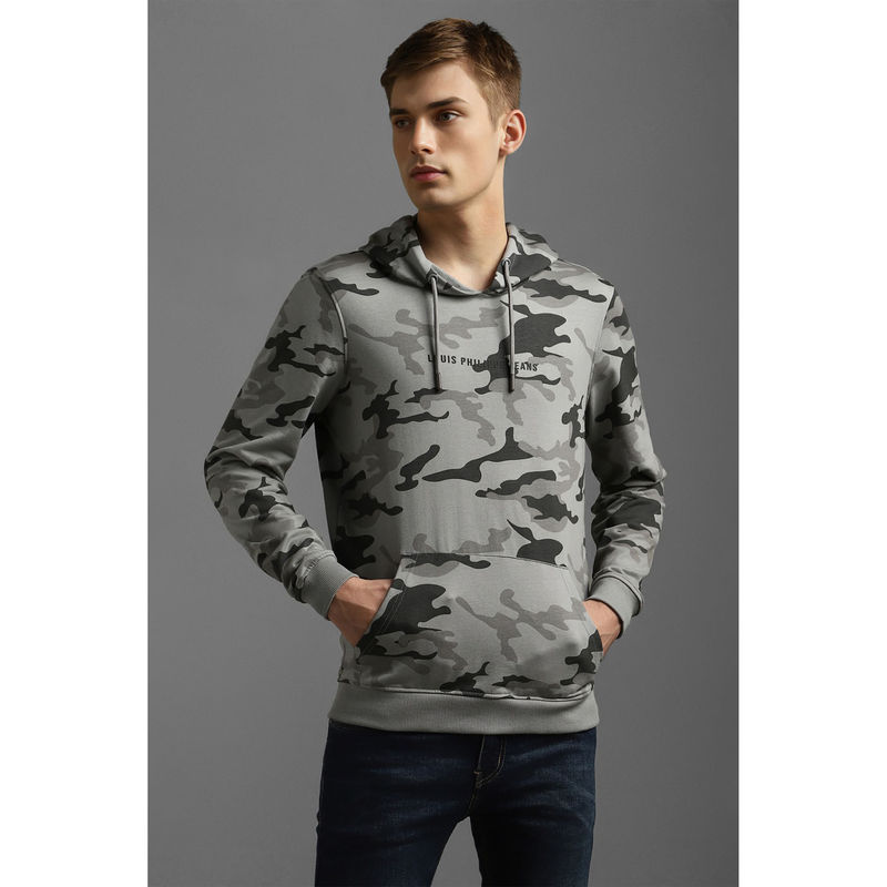 Louis Philippe Men Casual Grey Print Hoodie (S)