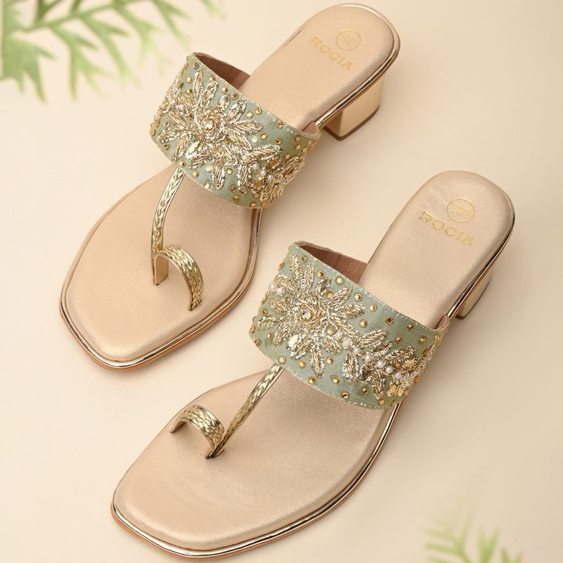 ROCIA Women Gold One Toe Embroidered Block Sandals Heels (EURO 36)