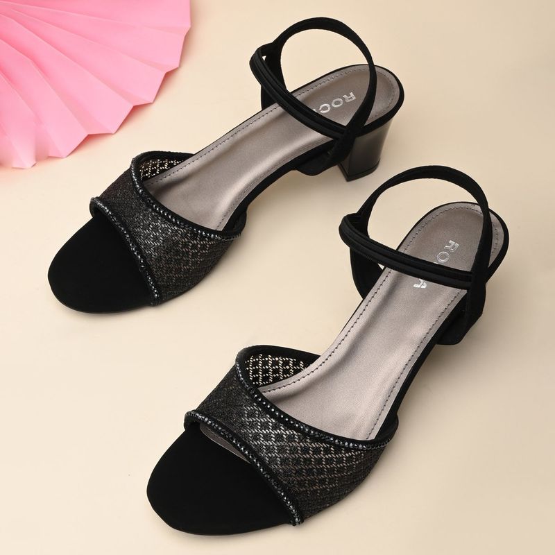 ROCIA Women Black Net with Diamonds Block Sandals Heels (EURO 36)