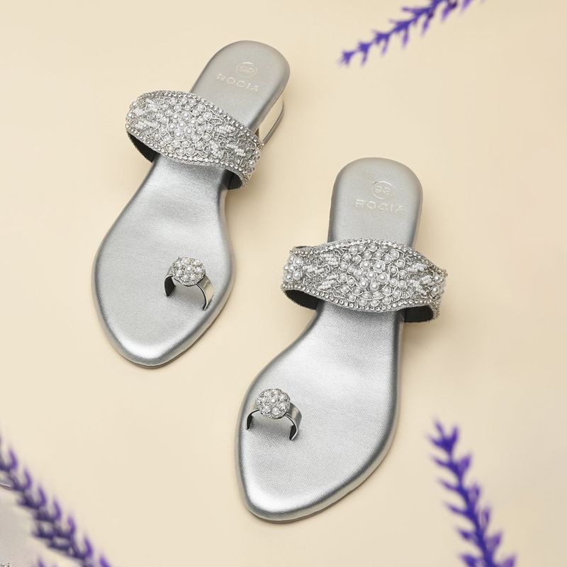 ROCIA Women Silver One Toe Embroidered Sandals Heels (EURO 36)