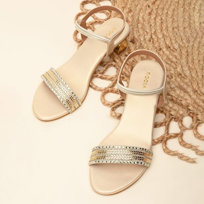 ROCIA Women Gold Hand Embroidered Strap Fancy Sandals Heels (EURO 39)