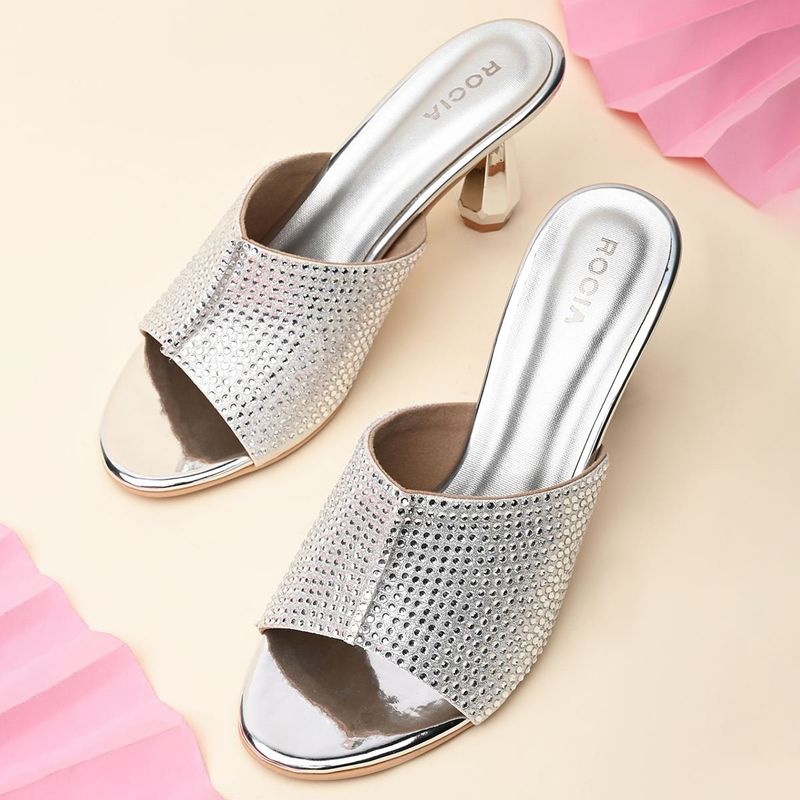 ROCIA Women Silver Diamond Encrusted Stilettos Heels (EURO 39)