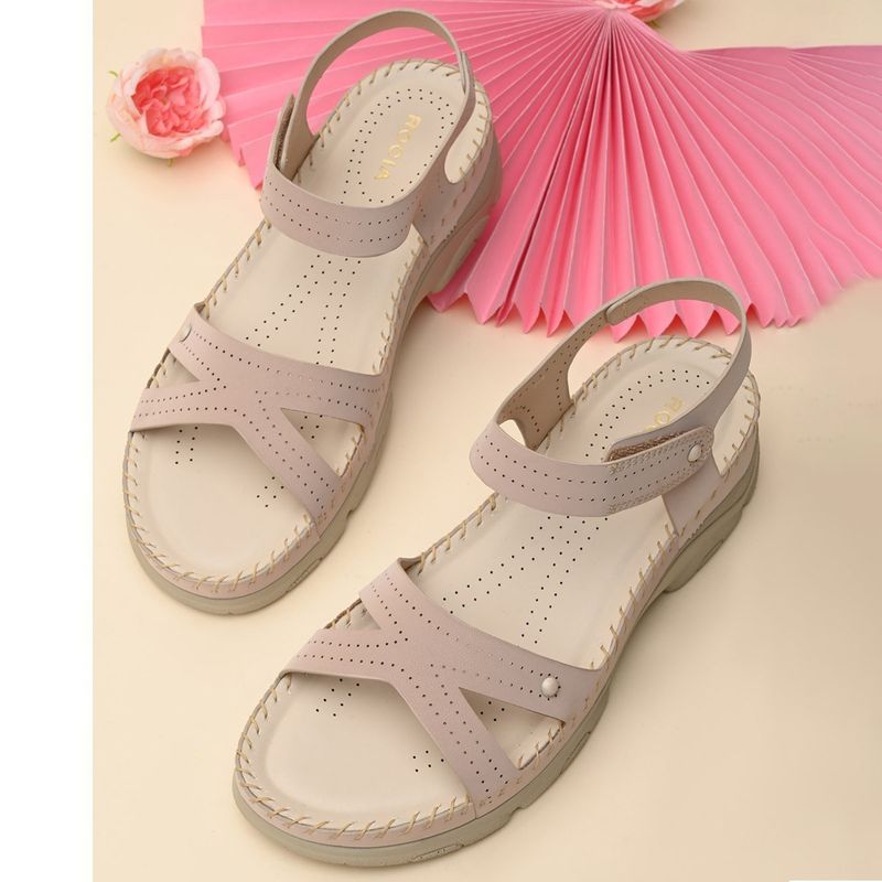 ROCIA Women Beige Casual Laser Cut Wedge Sandals (EURO 36)