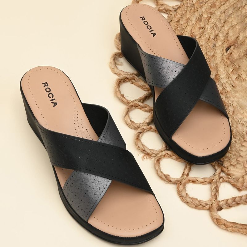 ROCIA Women Black Laser Cut Wedges Heels (EURO 39)