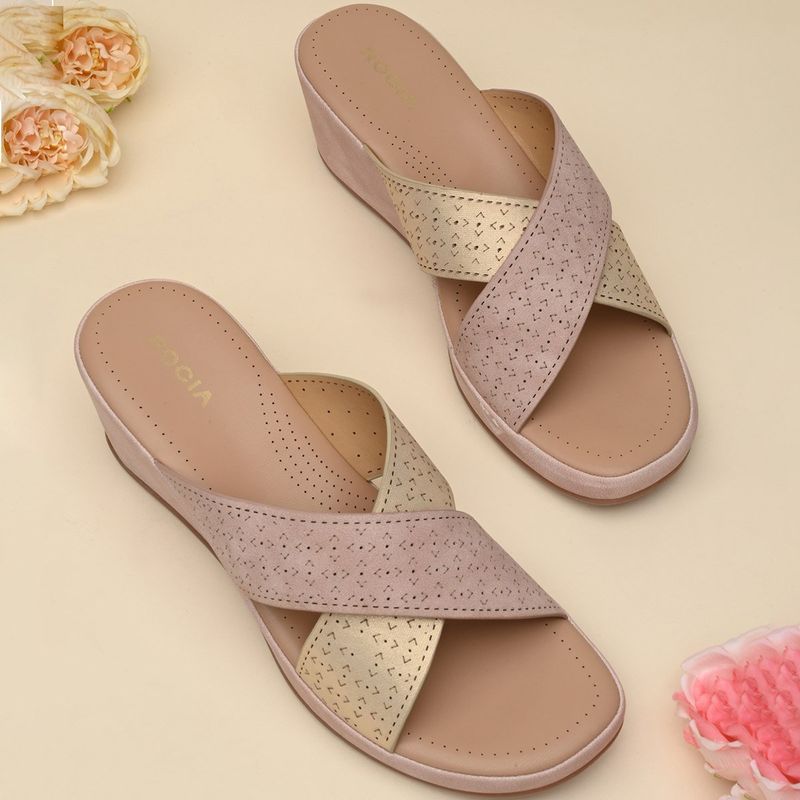 ROCIA Women Pink Laser Cut Wedges Heels (EURO 36)