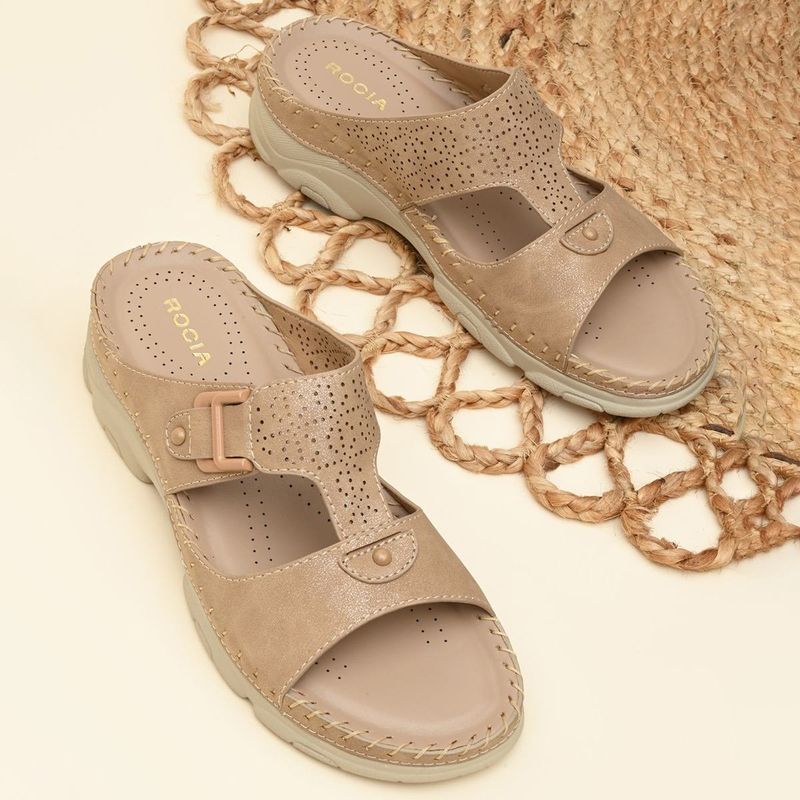 ROCIA Women Beige Casual Laser Cut Wedges Sandals (EURO 37)