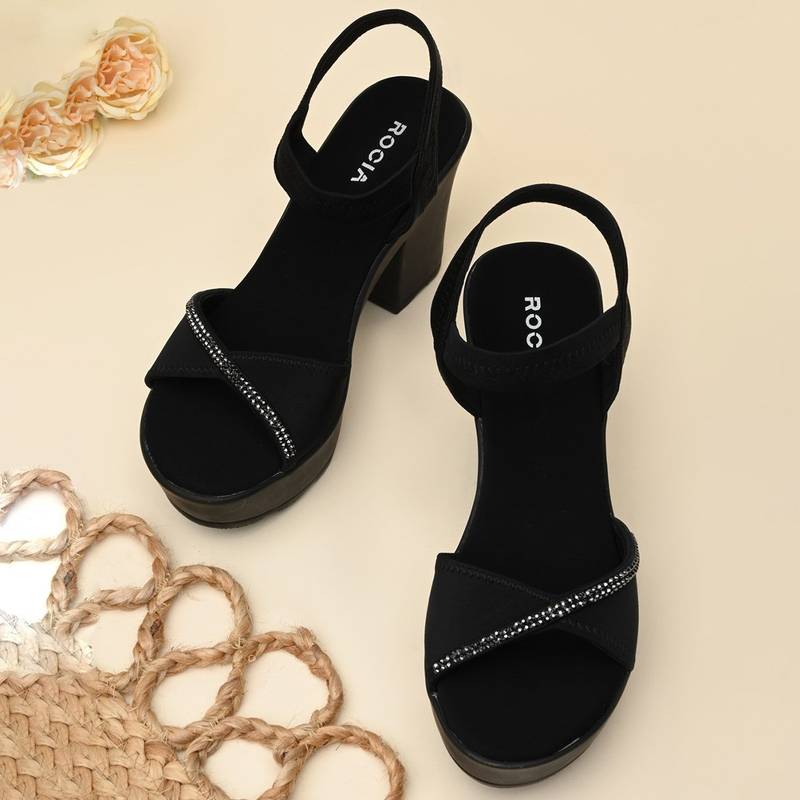 ROCIA Women Black Diamond Studded High Sandals Heels (EURO 40)