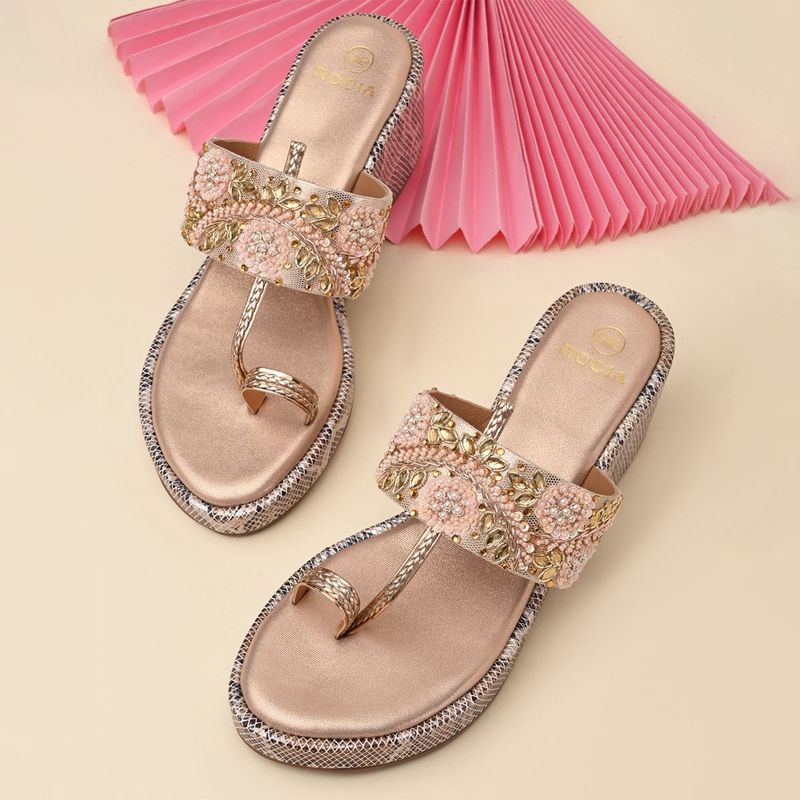 ROCIA Women Rose Gold Heavy Embroidered One Toe Wedges Heels (EURO 36)