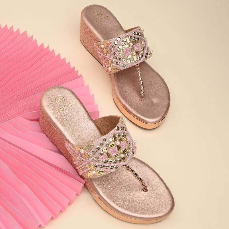 ROCIA Women Rose Gold Hand Embroidered Wedges Heels (EURO 36)