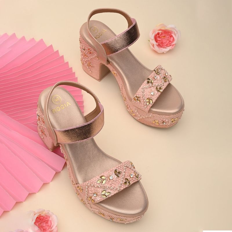 ROCIA Women Rose Gold Embroidered High Sandals Heels (EURO 37)