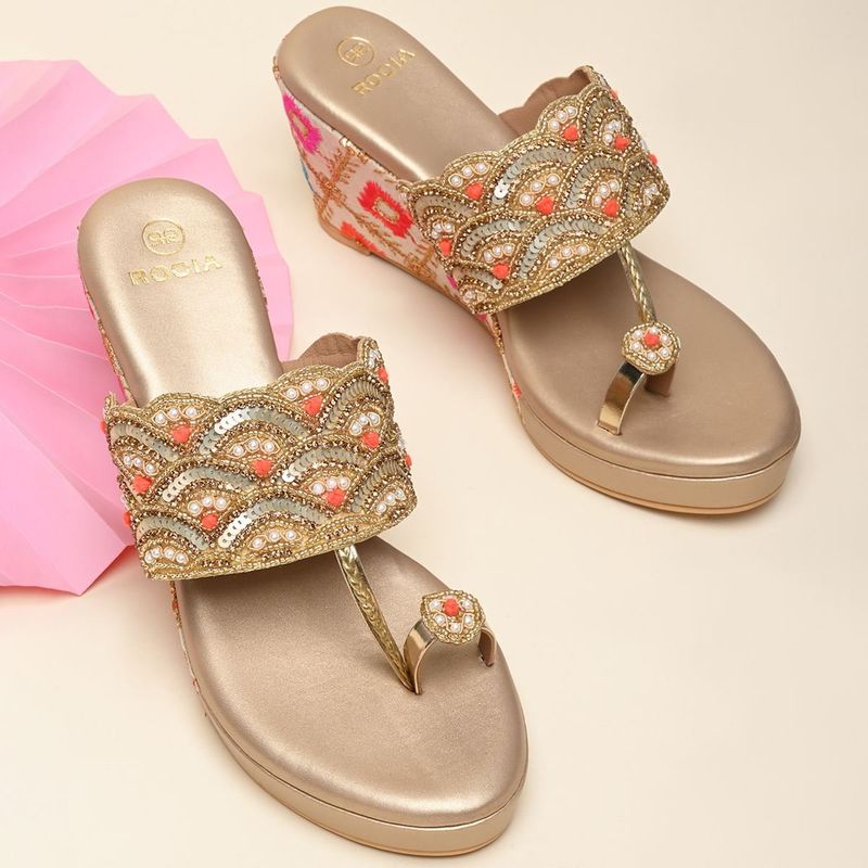 ROCIA Women Gold One Toe Embroidered Wedges Heels (EURO 36)