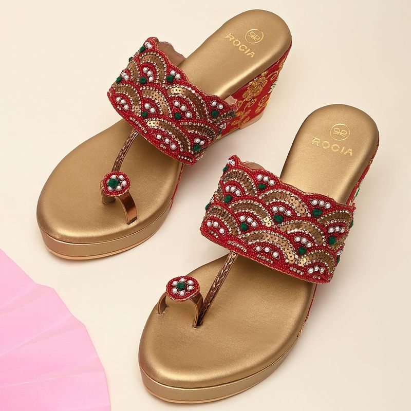 ROCIA Women Red One Toe Embroidered Wedges Heels (EURO 37)