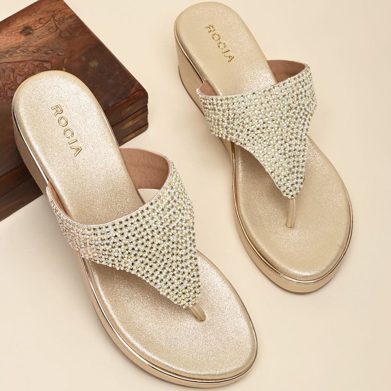 ROCIA Women Gold Embroidered Wedges Sandals (EURO 41)