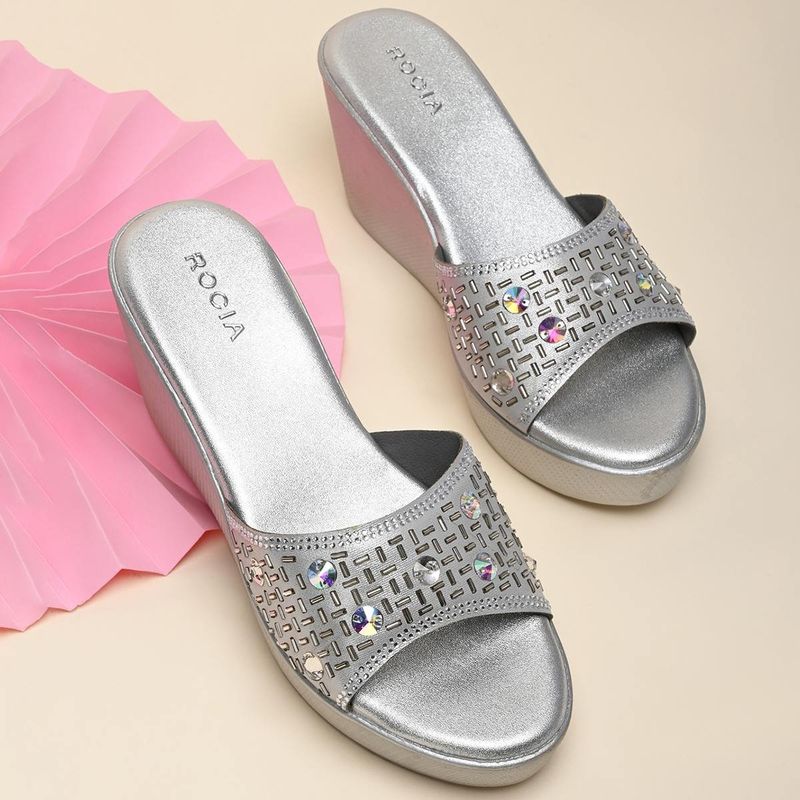 ROCIA Women Embroidered Silver Wedges Sandals (EURO 41)