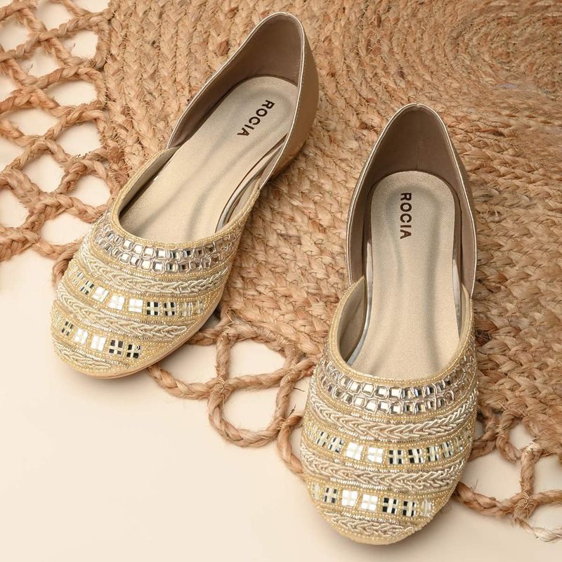 ROCIA Women Gold Mirror Work Juttis (EURO 36)