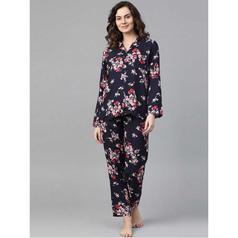 Drape In Vogue Women Flower Print Night Suit - Blue (S)