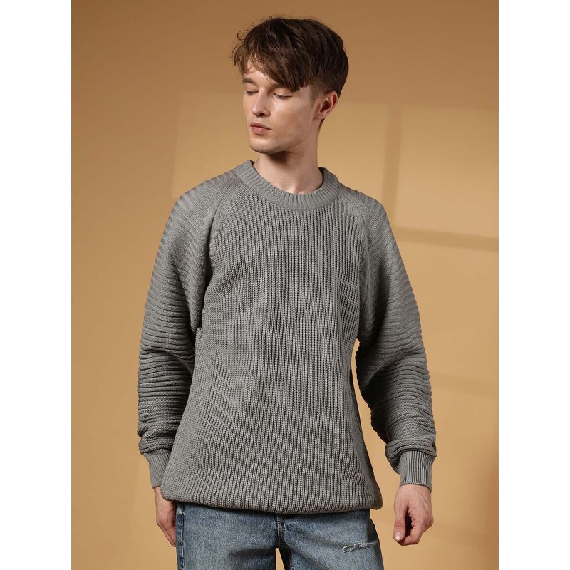 Campus Sutra Men's Sage Green Self-Raglan Knit Pullover Sweater (M)
