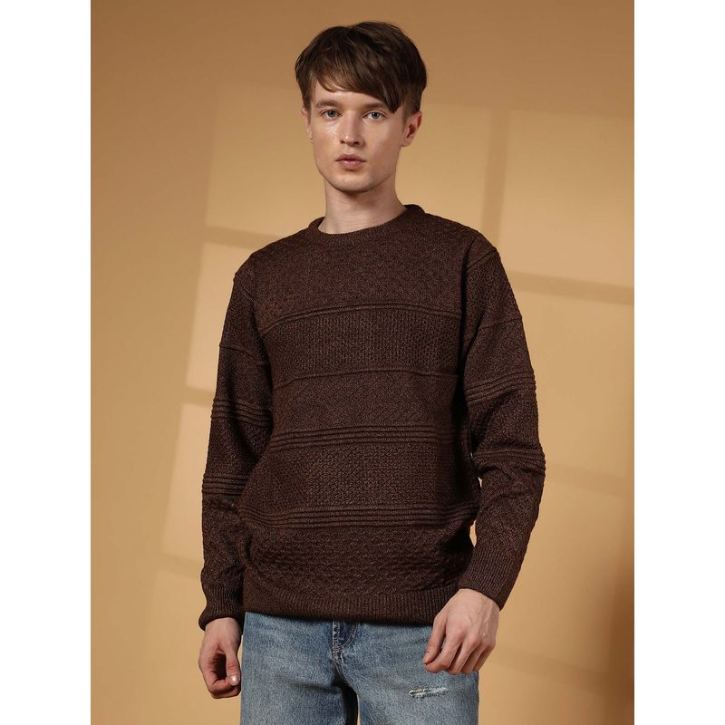 Campus Sutra Men's Umber Brown Textured-Knit Pullover Sweater (L)