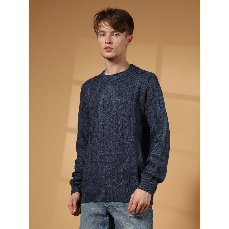 Campus Sutra Men's Navy Blue Twist-Knit Pullover Sweater (XL)