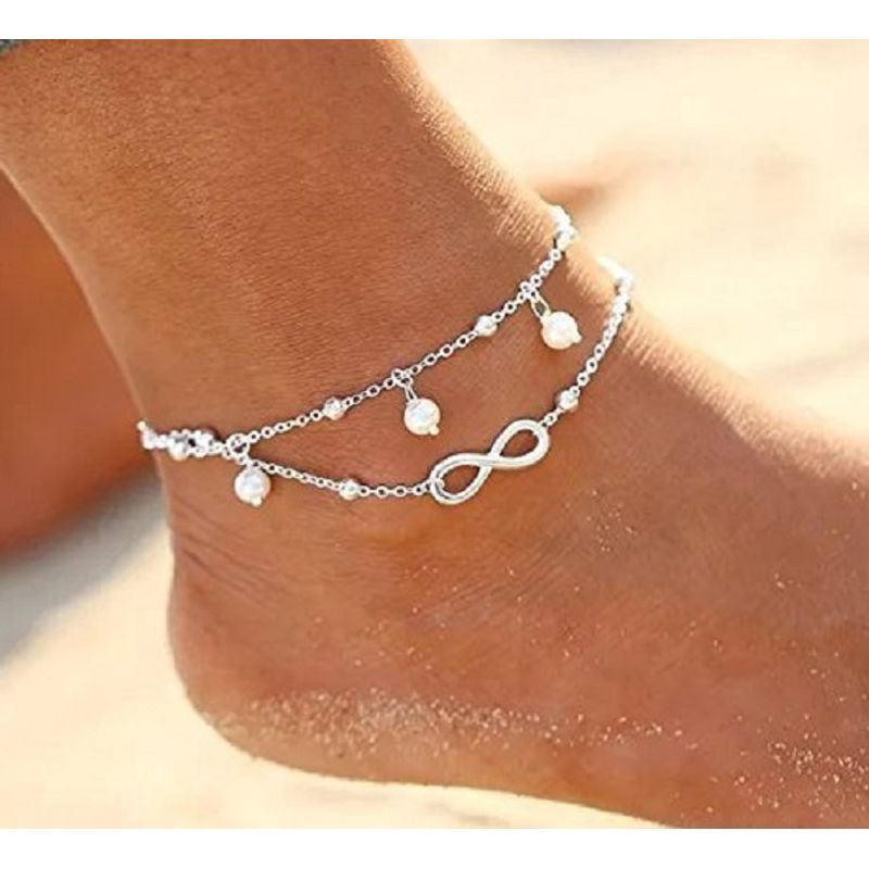 OOMPH Silver Tone Multi Layer Pearl & Charm Bohemian Anklet