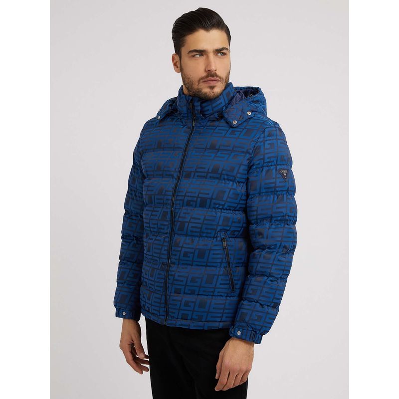 Guess Men Blue Printed Hooded Neck Puffer Jacket (S)