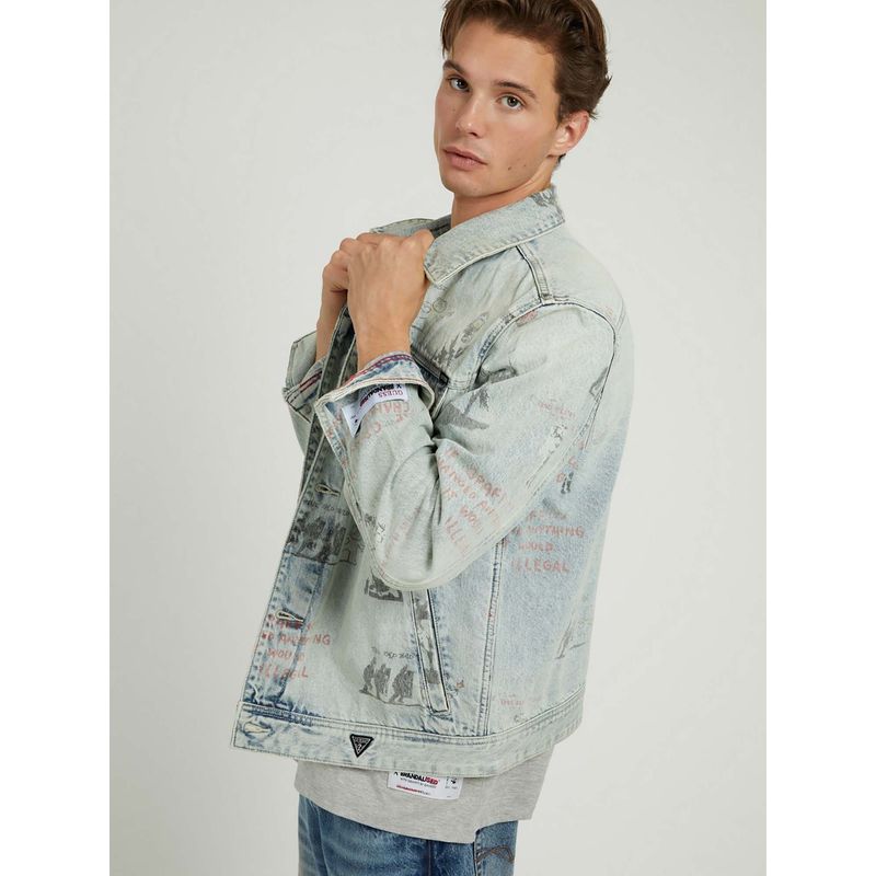 Guess Men Blue Printed Spread Collar Full Sleeves Denim Jacket (2XL)