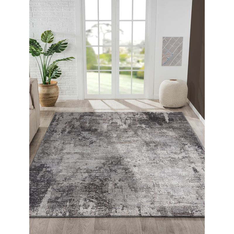 OBSESSIONS Abstract Polypropylene and Polyester Carpet, Charcoal and Cream (5x7 feet)