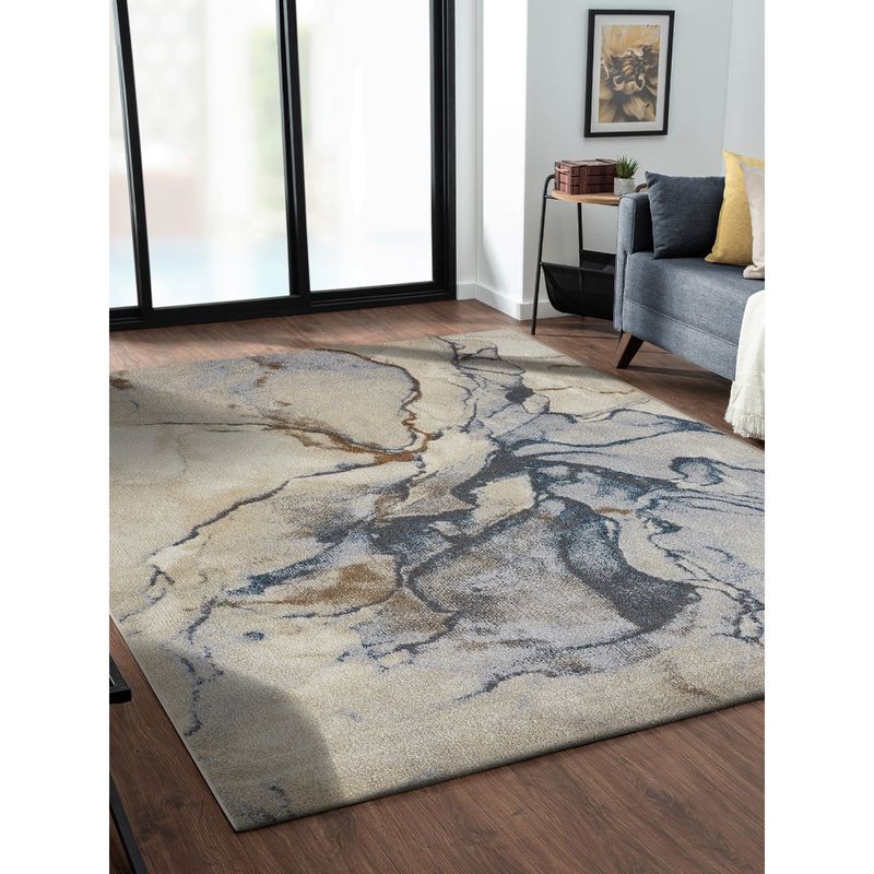 OBSESSIONS Abstract Polypropylene Carpet, Beige and Blue (5x7 feet)