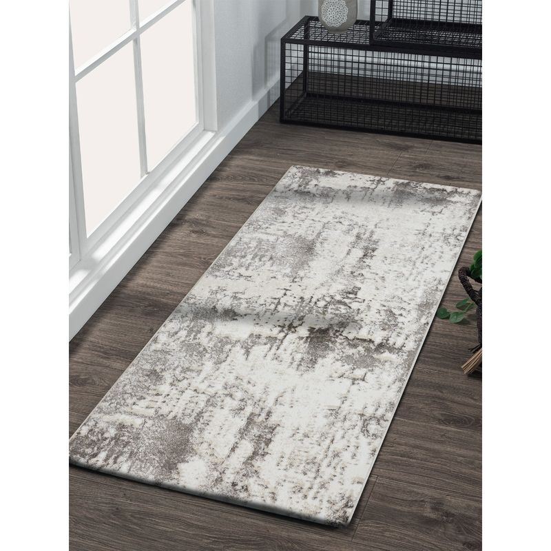 OBSESSIONS Anti-Static Abstract Polyester Floor Runner, Grey and White (2.5x5 feet)