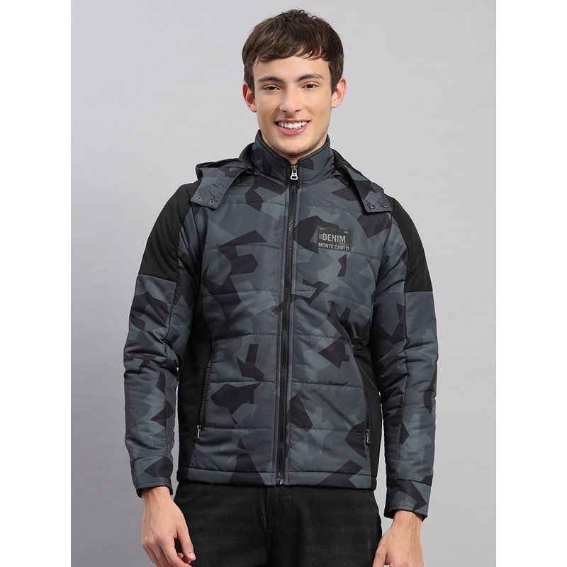 Monte Carlo Men's Regular Fit Printed Zipper Full Sleeve Black Jacket (M)