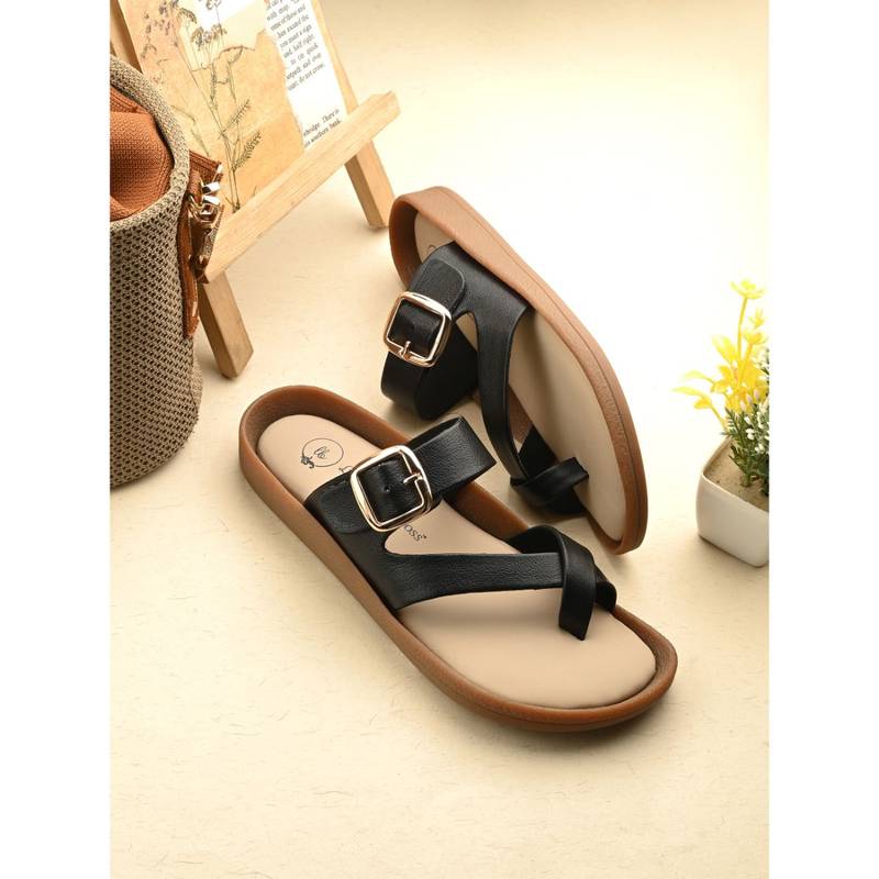 EGOSS Black Lady Boss Genuine Leather Casual Flipflops (EURO 37)