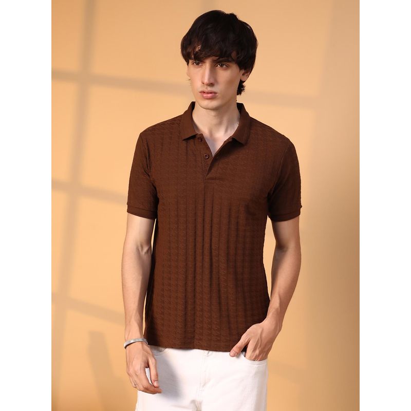 Campus Sutra Men Coffee Brown Houndstooth Textured Polo T-Shirt (XL)