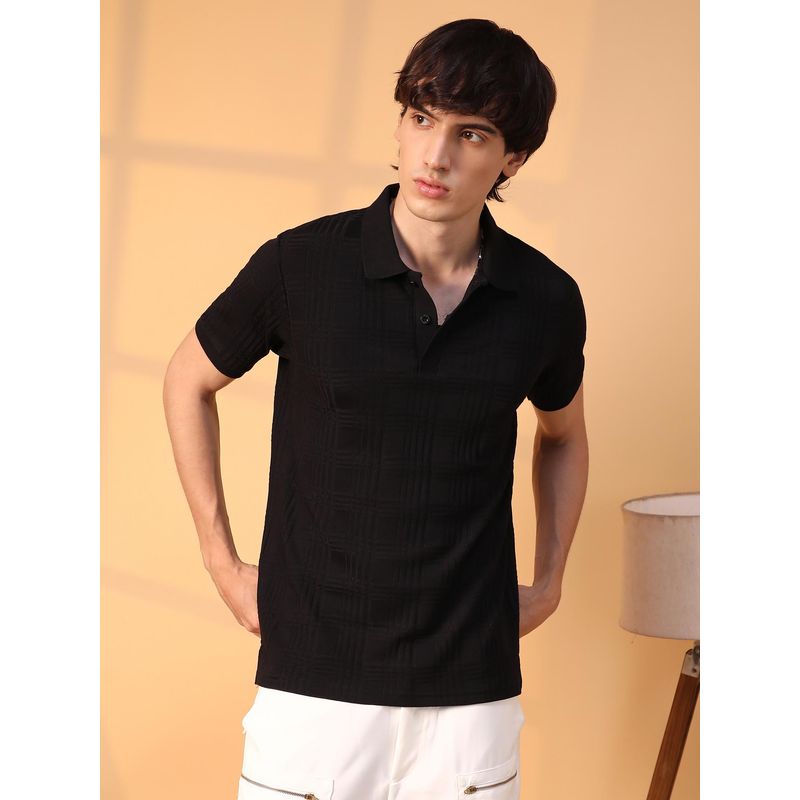 Campus Sutra Men Onyx Black Intertwine Textured Polo T-Shirt (L)