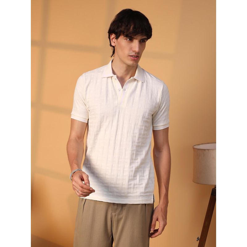 CAHOOT Men Cream White Weave Textured Polo T-Shirt (M)