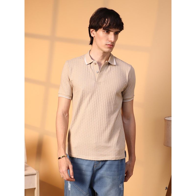 Campus Sutra Men Saltbox Beige Interweave Textured Polo T-Shirt (M)