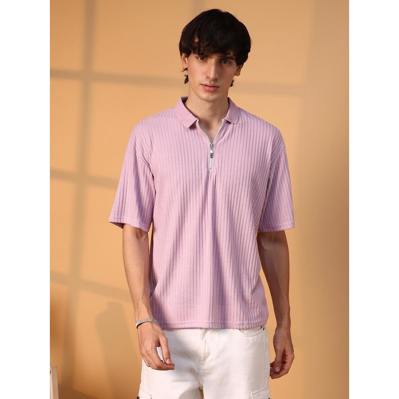 Campus Sutra Men Lavender Ribbed Oversized Polo T-Shirt (M)