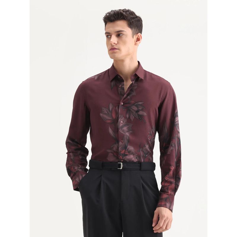 Rare Rabbit Burgundy Regular Fit Floral Print Formal Shirt (L)