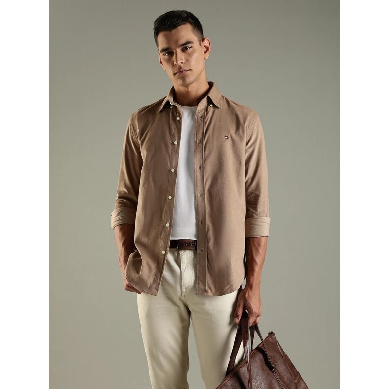 Tommy Hilfiger Beige Solid Regular Fit Cotton Casual Shirt (XL)