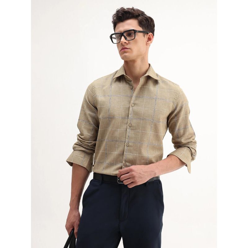 Rare Rabbit Khaki Regular Fit Checks Formal Shirt (M)