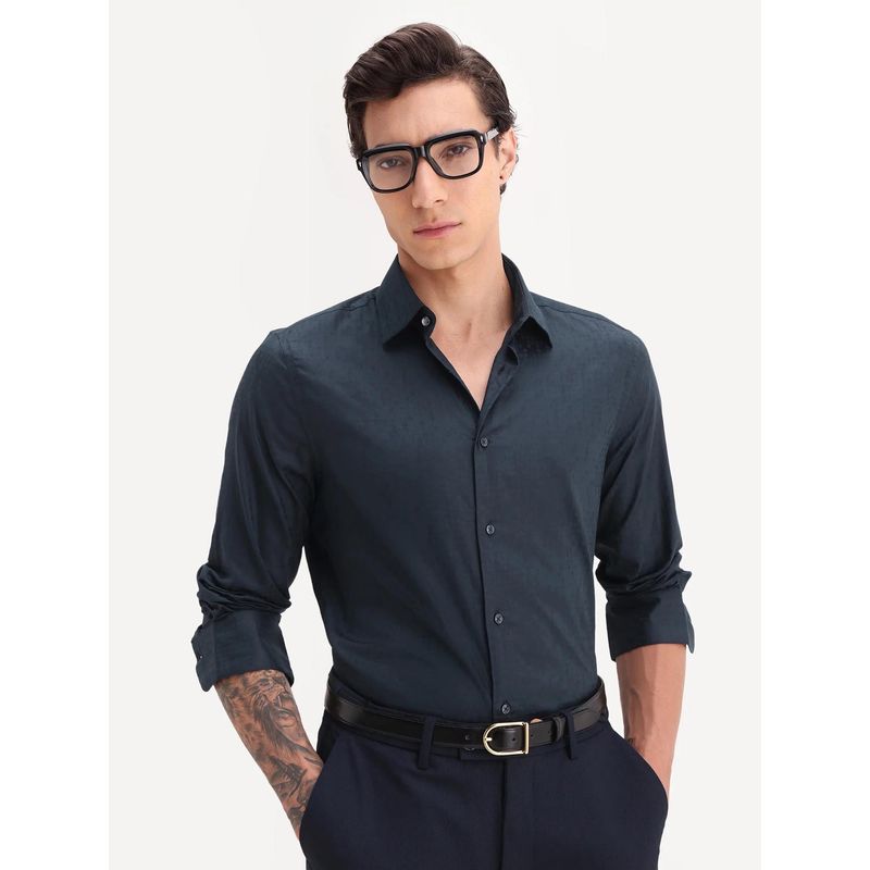 Rare Rabbit Navy Blue Cotton Fabric Full Sleeve Collared Neck Plain Formal Shirt (XL)