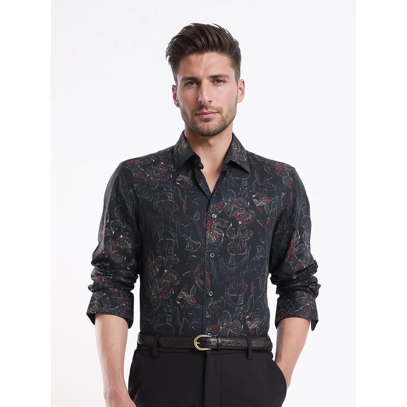 Rare Rabbit Black Regular Fit Floral Print Formal Shirt (S)