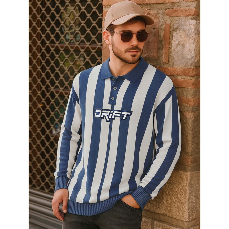 Bewakoof Men's White & Blue Striped Oversized Sweater (L)