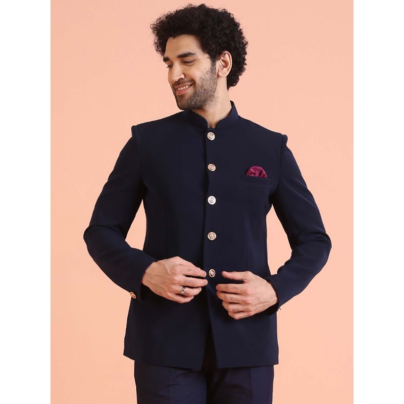 KISAH Men Navy Blue Solid Bandhgala (42)