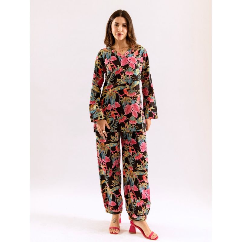 FEATHERS CLOSET Black Lily Wing Printed Cotton Co-Ord (Set of 2) (S/M)