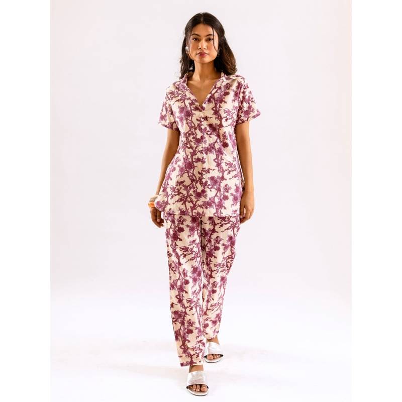 FEATHERS CLOSET Purple Antique Plum Printed Cotton Co-Ord (Set of 2) (S/M)