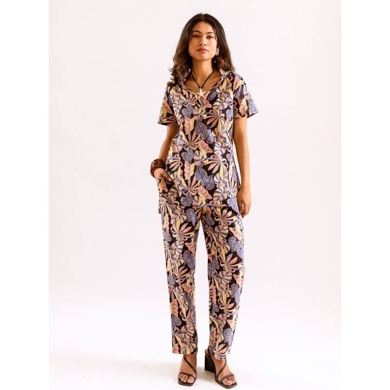 FEATHERS CLOSET Black Bloom Leaf Printed Cotton Co-Ord (Set of 2) (3XL)