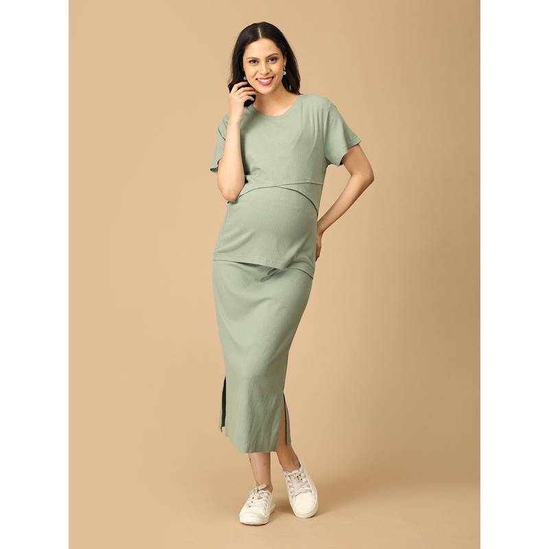 The Mom Store Olive The Trend Ribbed Maternity And Nursing Co-Ord (Set of 2) (S)
